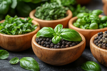 A vibrant background featuring fresh herbs neatly arranged on a rustic market table.
