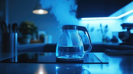 Electric glass kettle boiling water on a kitchen countertop, with steam rising in a modern kitchen illuminated by a soft blue glow.