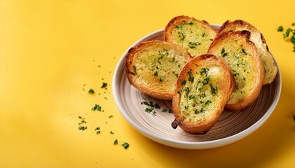 Tasty crispy garlic bread in plate on yellow background