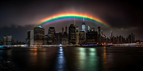 Vibrant Rainbow Arcs Over Illuminated City Skyline at Night, Reflecting in Calm Waters
