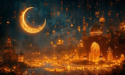 Obraz premium Dreamy Night Scene with Floating Lanterns Crescent Moon and Illuminated Palatial Buildings