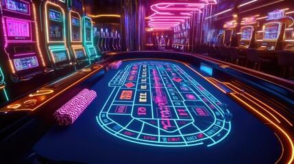 Neon-Illuminated Craps Table in a Bustling Virtual Casino