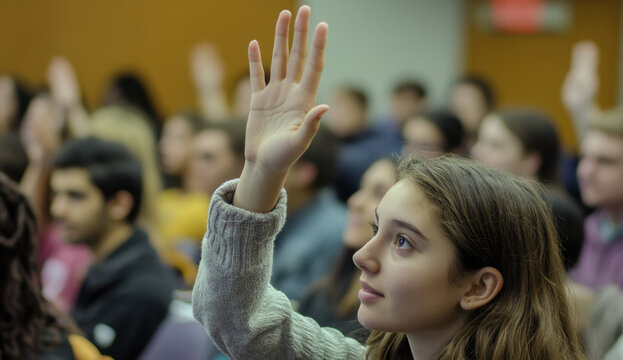 Students actively participating in a classroom discussion by raising their hands for questions and comments during an interactive session