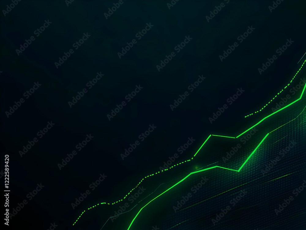Poster glowing green line graph shows upward trend on a dark background with data grid