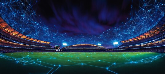 Melbourne Cricket Ground Bathed in Blue Connected Network at Night - Digital Connectivity Concept,