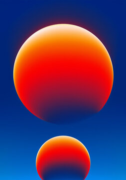 A striking abstract image with a dominant red and orange form at the top, resembling a setting sun or a fiery cloud. Below, a smaller, similar shape appears as a reflection or echo. The deep blue back