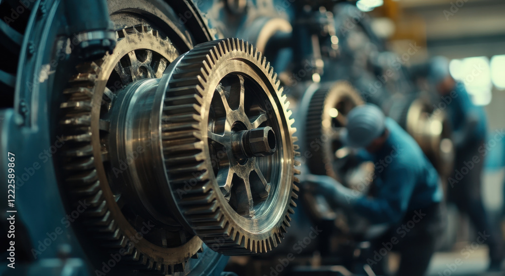 Poster workers assembling precision gears in an industrial factory environment during the daytime hours