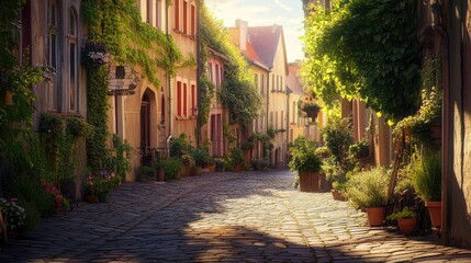 Fototapeta premium Serene cobblestone street in an old town, bathed in warm sunlight, with charming historic architecture and lush greenery creating a nostalgic atmosphere.