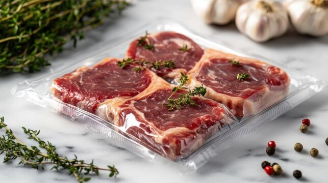 Raw marbled pork chops with herbs.