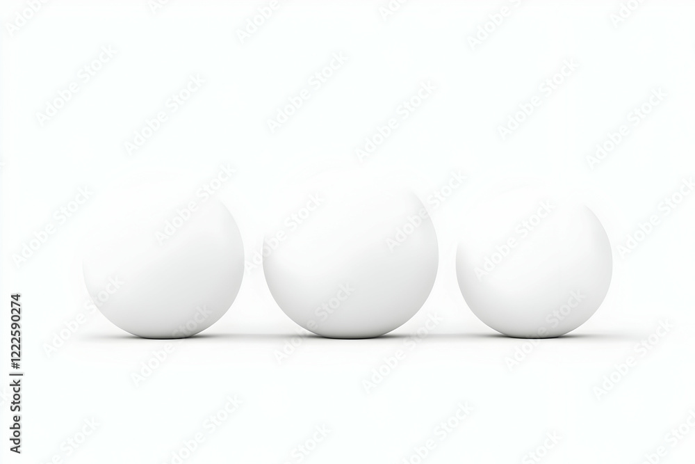 Poster three white spheres sit on a white surface, creating a minimalist and abstract composition.