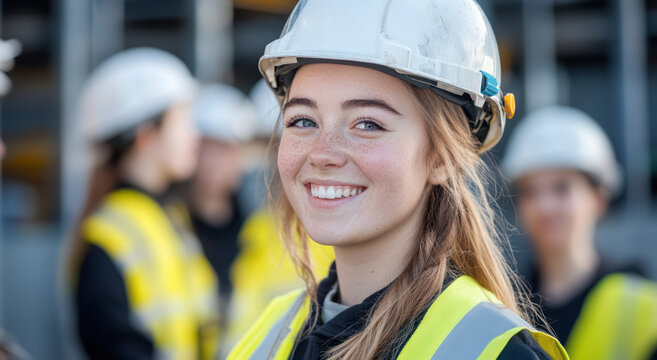 Portrait of a smiling beautiful female construction worker in safety gear at a busy construction site during daylight hours