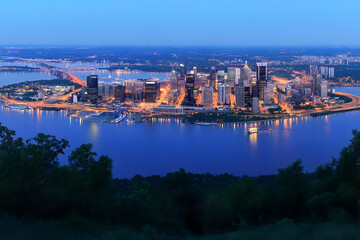 Fototapeta premium Cityscape Illuminates at Dusk from Hilltop Vantage Point, Revealing a Serene River Scene Beautifully.