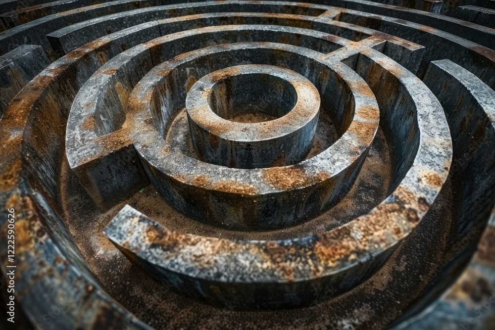 Poster close up of a rusty metallic labyrinth, symbolizing complexity, challenge, and problem solving