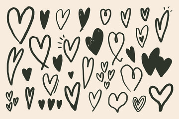 Set Sketch Ink Black and White Heart. Valentine Love Shape Doodle Collection. Hand Drawn Vector Isolated Illustration