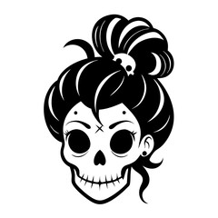 Messy Bun Girl Skull Svg & PNG Files, Mom Bun Hair face Clipart Silhouette Vector Image, Skeleton SVG T shirt Design, Digital Download