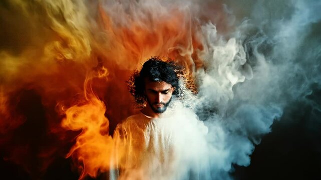 A dramatic image of Jesus Christ enveloped in swirling smoke, symbolizing the struggle between light and darkness, good and evil, and divine transformation.