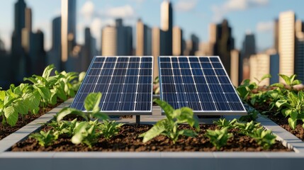 Fototapeta premium Eco-Friendly living concept. Solar panels on rooftop garden with city skyline, symbolizing urban sustainability.