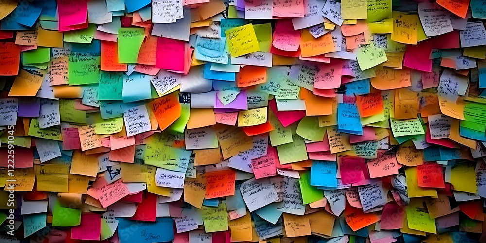 Poster multicolored sticky notes wall covers a surface completely and densely with handwritten text notes.