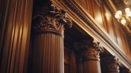Close-up of premium luxury wooden paneling with ornate columns and warm lighting. Classic interior design perfect for elegance and sophistication concepts