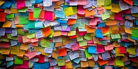 Multicolored Sticky Notes Wall Covers a Surface Completely and Densely with Handwritten Text Notes.