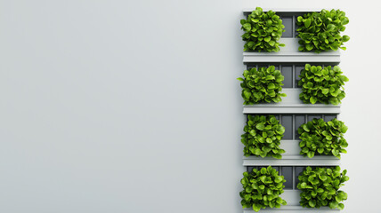 Vertical garden with lush green plants on modern wall display, showcasing sustainable design and urban gardening. This innovative setup enhances indoor air quality and aesthetics
