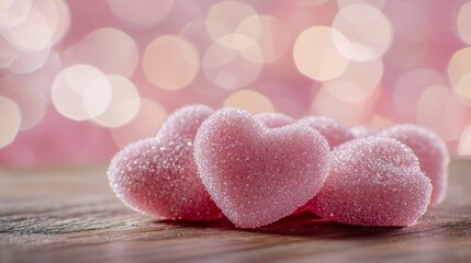 Obraz premium A delightful arrangement of pink sugar-coated hearts lies on a warm wooden table, surrounded by a dreamy bokeh of soft pink tones, evoking a sense of romance and joy