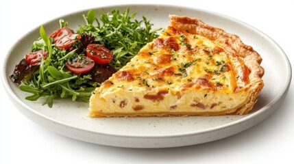 A slice of savory quiche with salad.