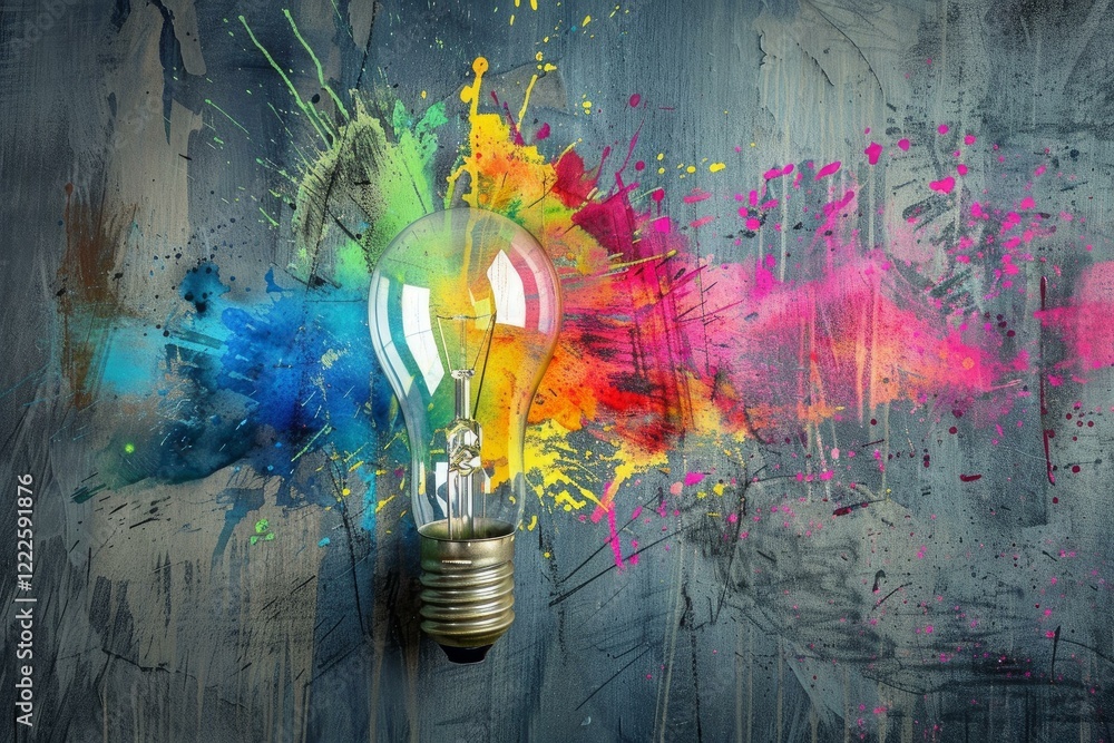 Aufkleber light bulb exploding with colorful paint splatter on a textured background, representing a creative 