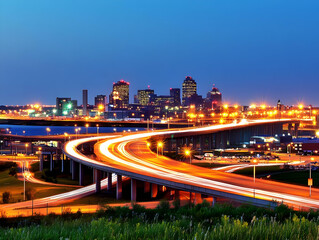 City Skyline Illuminates Night with Vibrant Lights, Bridges with Streaking Car Lights Below, and a Tranquil Foreground.