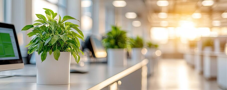 Zero waste concept. A vibrant indoor plant enhances a modern workspace, promoting health and productivity.