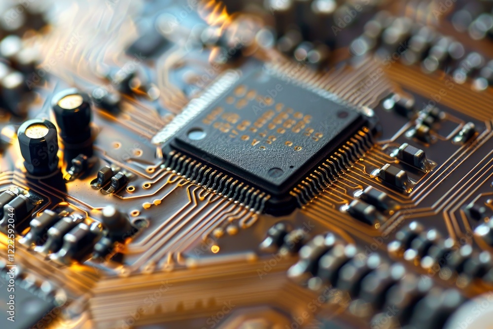 Aufkleber close up of a microchip on a circuit board, highlighting the intricate details of electronic compone