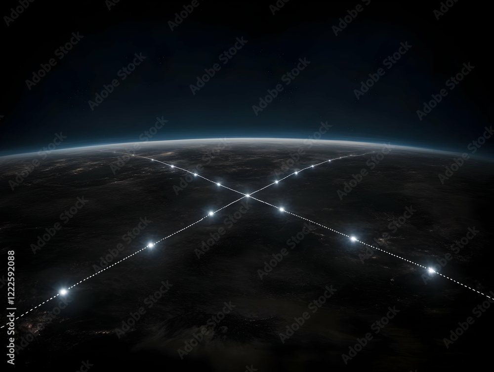 Poster glowing x marks the spot: interconnected nodes spanning a dark planet surface