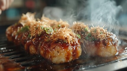 Takoyaki balls topped with crispy bonito flakes and drizzled with savory sauce, served as a traditional Japanese street food delicacy.