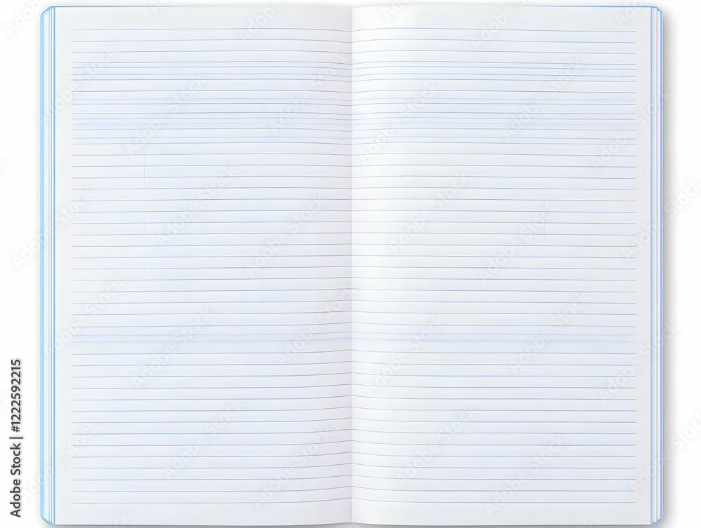Poster open notebook shows blank lined pages ready for writing or note-taking on a white background