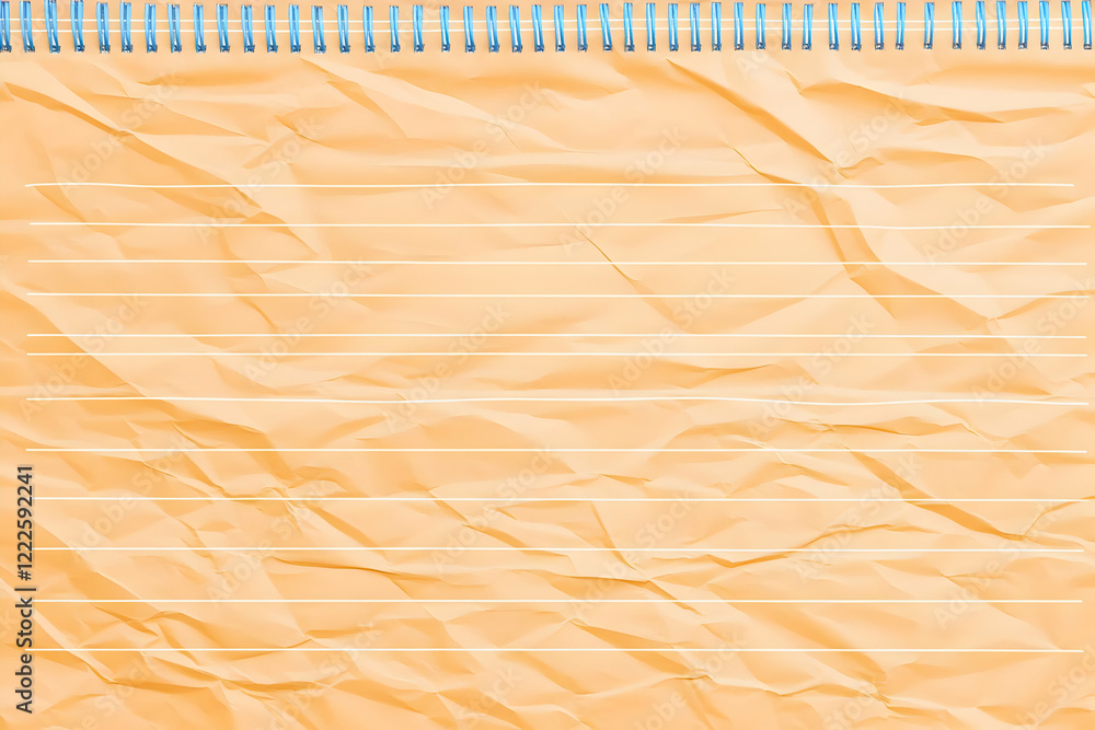 Poster crumpled orange paper notebook with blue spiral binding and white lines for taking notes