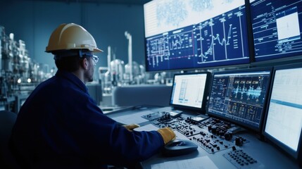 A chemical plant operator monitoring processes in a control room, with control panels and screens displaying data, Control room scene