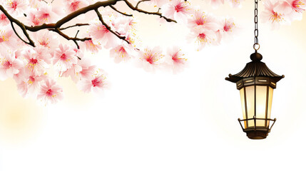 Cherry blossoms and lantern create serene atmosphere