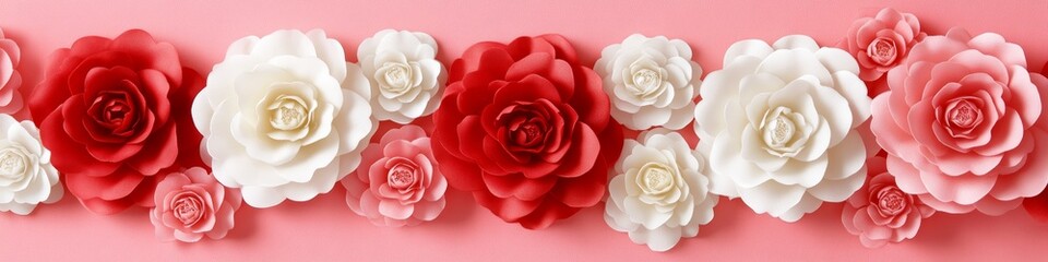 Fototapeta premium Romantic Floral Arrangement Red and White Paper Flowers on a Pink Background for Celebrations