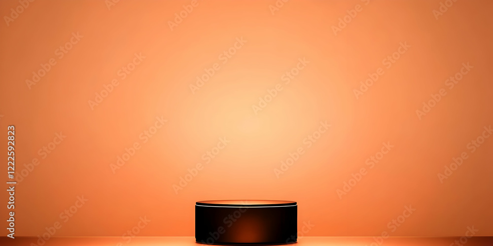 Poster 3d rendering of black podium on orange background for product placement showcase