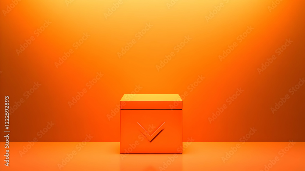 Poster 3d orange cube with checkmark symbol on orange background, minimalist product display