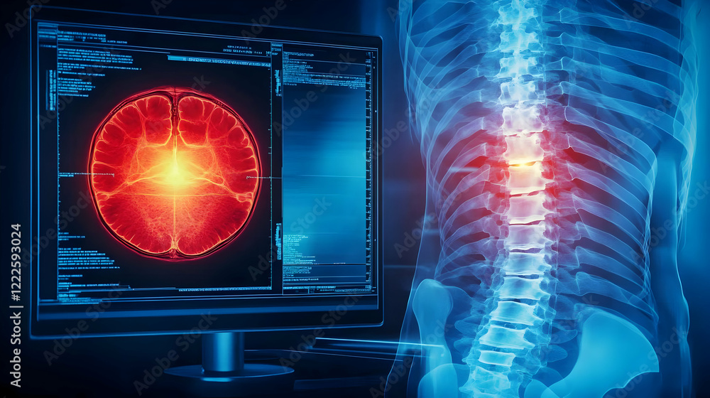 Poster Medical Illustration Shows Brain Scan and Spine X-ray on Computer Screen Displaying Data Accurately.