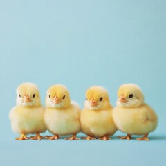 Fototapeta premium Four cute chicks on blue background, spring
