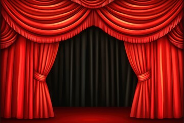 Rich red curtains frame a dark stage, theater red curtain for advertisement banner, theatre advertising image