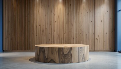 Wall made of wood, wood podium, Wooden panels made of vertical slats. Maple pattern texture. Modern interior design facade made of timber. Strips of boards in the construction of a facade or fence.