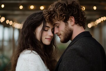 Couple sharing a tender moment under string lights. Generative AI