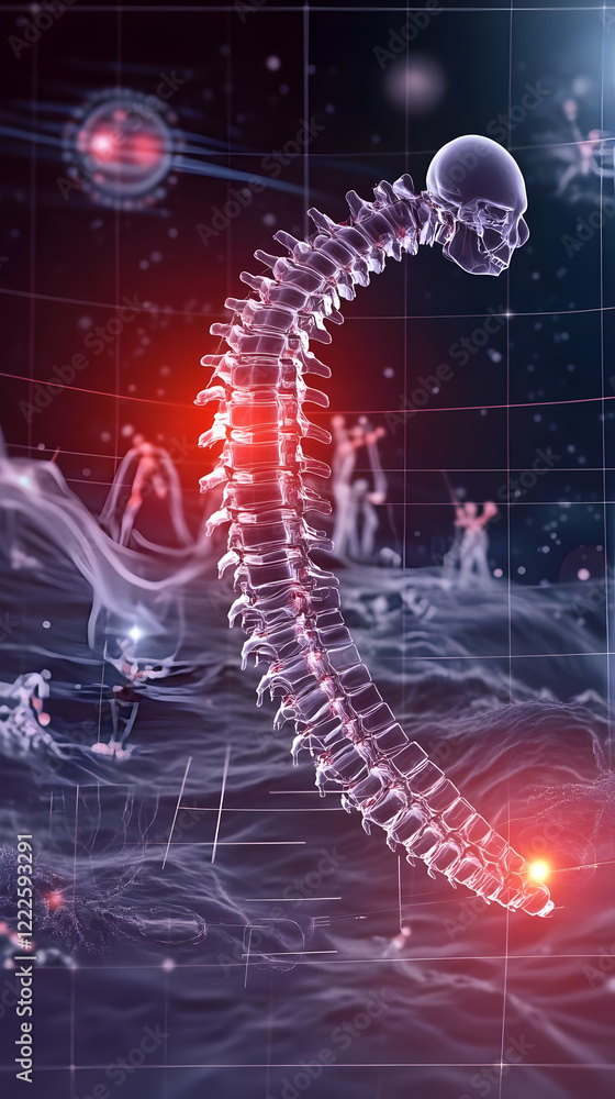 Poster 3d spine model shows vertebrae, discs, and spinal cord with data visualization