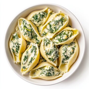 A bowl of creamy spinach and ricotta stuffed pasta shells, isolated white background, hyperrealism art style