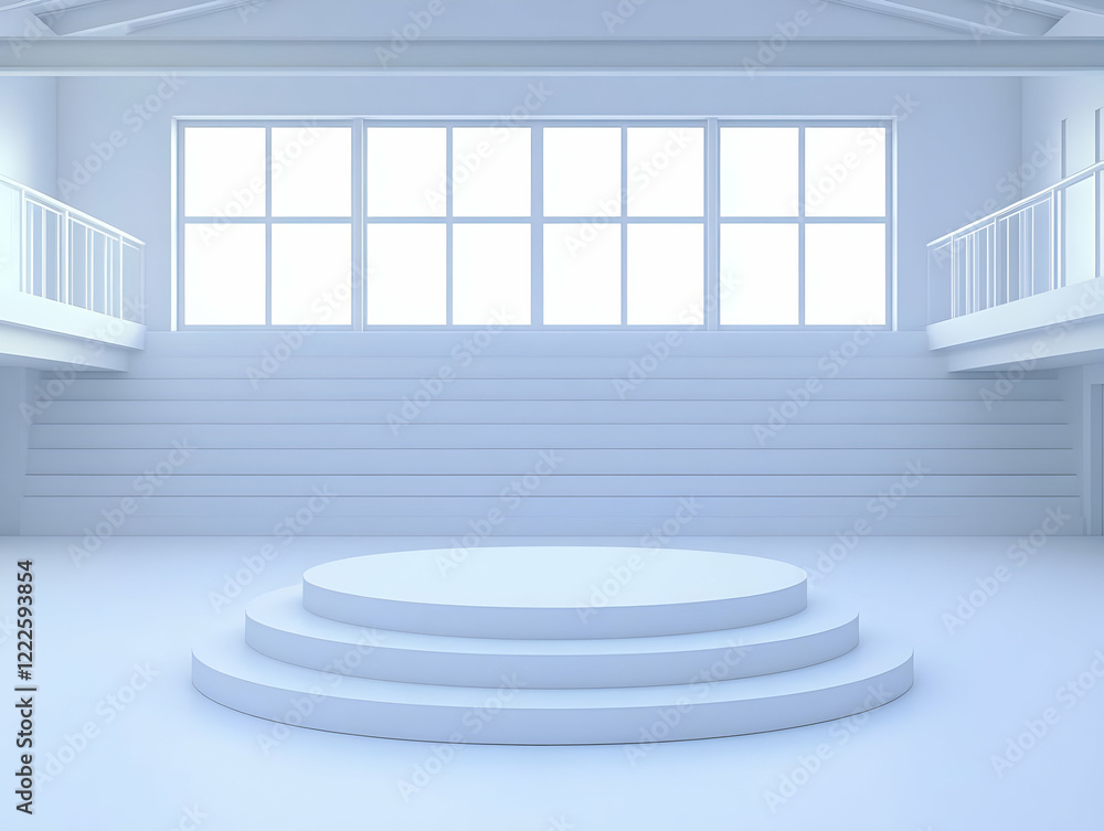 Poster 3d rendered empty room with podium stage and window backdrop