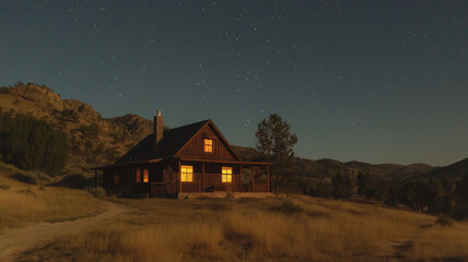 serene mountain landscape features cozy cabin illuminated by warm light under starry night sky. tranquil scene evokes sense of peace and connection with nature