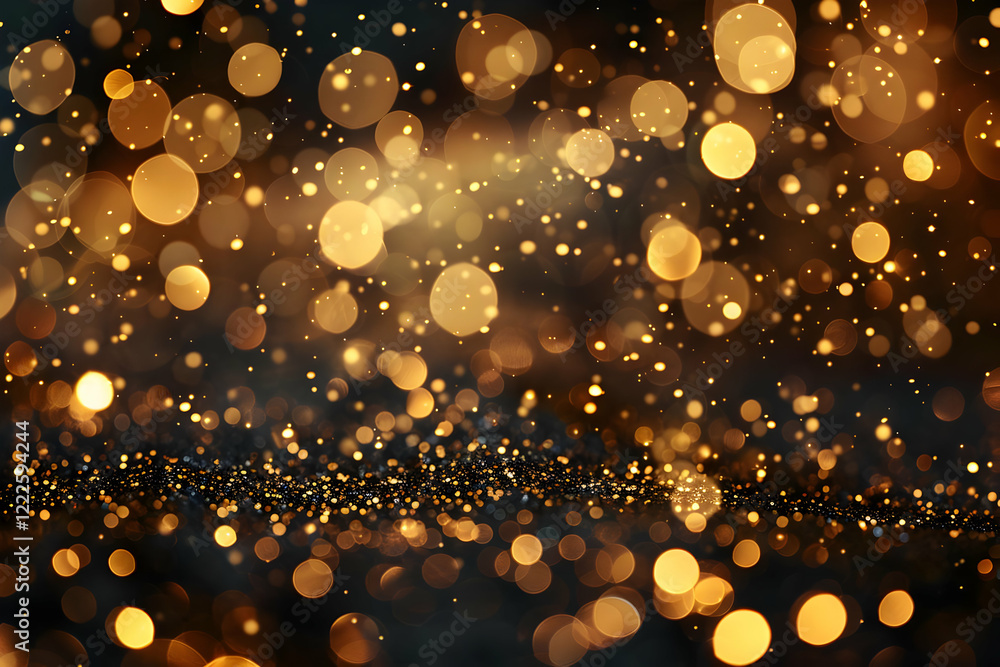 Poster golden bokeh lights blur abstract background with sparkling glitter elegantly.